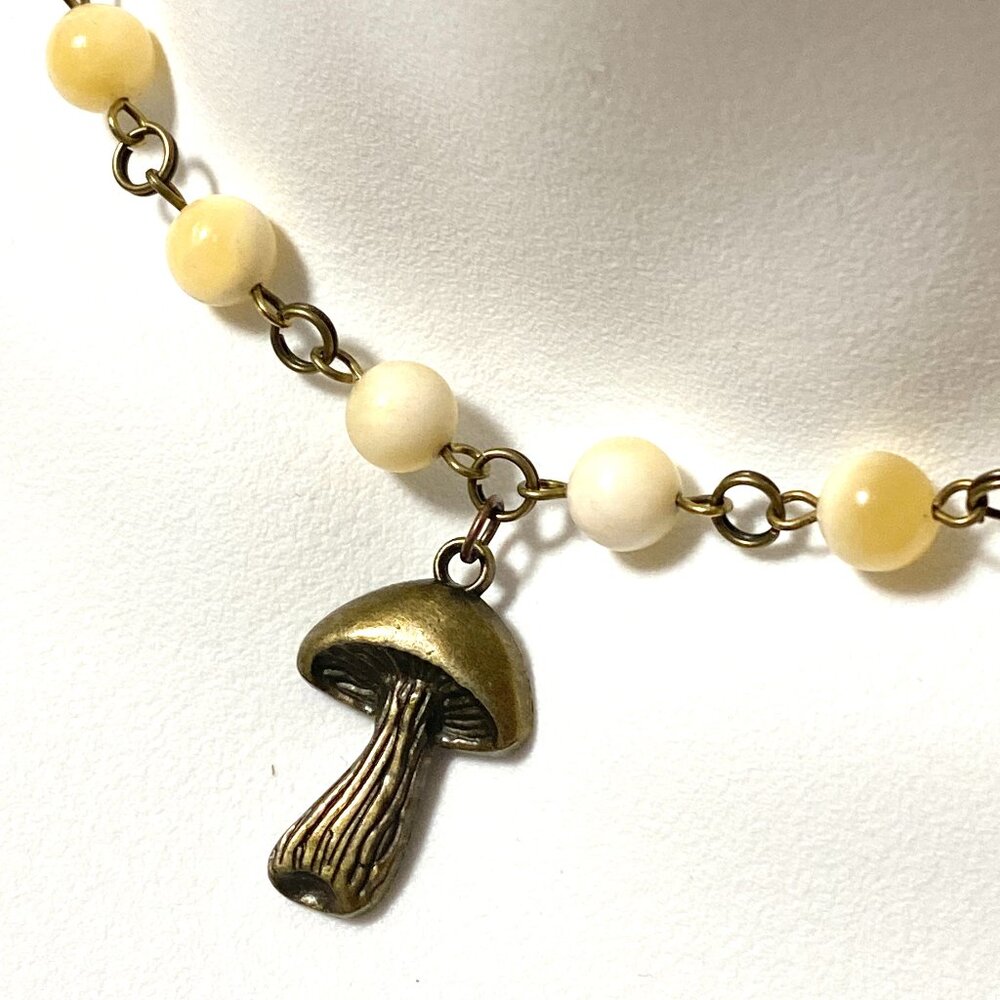 Natural Yellow Calcite Choker, Cute Bronze Slim Mushroom + Genuine Gemstone